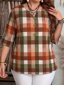 EMERY ROSE Plus Size Women's Plaid Print Notch V-Neck Button Half Sleeve Loose Shirt Casual 1920 Vintage Beach Thanksgiving Going Out Tops Summer Beige - Multicolor - View 4