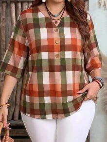 EMERY ROSE Plus Size Women's Plaid Print Notch V-Neck Button Half Sleeve Loose Shirt Casual 1920 Vintage Beach Thanksgiving Going Out Tops Summer Beige - Multicolor - View 5