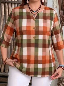 EMERY ROSE Plus Size Women's Plaid Print Notch V-Neck Button Half Sleeve Loose Shirt Casual 1920 Vintage Beach Thanksgiving Going Out Tops Summer Beige - Multicolor - View 6