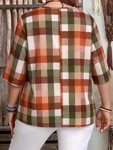 EMERY ROSE Plus Size Women's Plaid Print Notch V-Neck Button Half Sleeve Loose Shirt Casual 1920 Vintage Beach Thanksgiving Going Out Tops Summer Beige - Multicolor - View 2