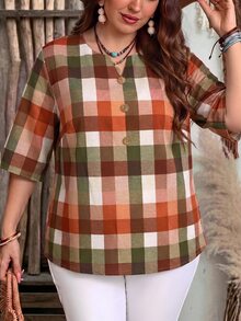 EMERY ROSE Plus Size Women's Plaid Print Notch V-Neck Button Half Sleeve Loose Shirt Casual 1920 Vintage Beach Thanksgiving Going Out Tops Summer Beige - Multicolor - View 3