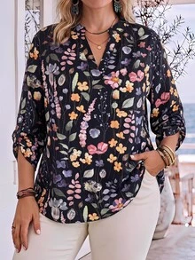 Rosumi Blus Lengan Panjang Wanita Ukuran Besar dengan Leher V dan Motif Bunga Penuh - Hitam - View 3