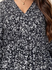 EMERY ROSE Plus Size Women's All-Over Print Notch V-Neck Long Sleeve Ruffle Hem Blouse Autumn Formal Vacation Black Boho Casual Bohemian - Black - View 7