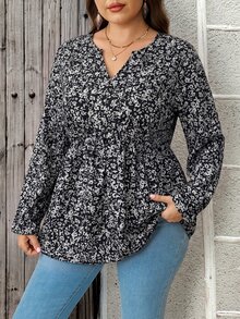 EMERY ROSE Plus Size Women's All-Over Print Notch V-Neck Long Sleeve Ruffle Hem Blouse Autumn Formal Vacation Black Boho Casual Bohemian - Black - View 4