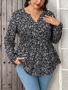 EMERY ROSE Plus Size Women's All-Over Print Notch V-Neck Long Sleeve Ruffle Hem Blouse Autumn Formal Vacation Black Boho Casual Bohemian - Black - View 5
