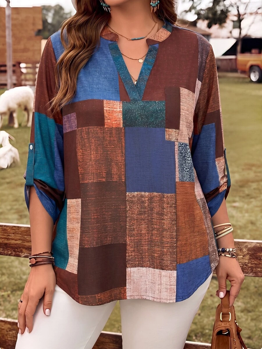 EMERY ROSE Plus Size Colorblock Pocket Notched V Neck Long Sleeve Blouse Elegant Office Fall Winter 2026 - Multicolor - View 1