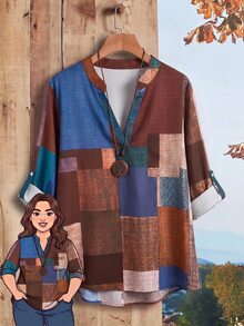 EMERY ROSE Plus Size Women's Colorblock Notch V-Neck Long Sleeve Pocket Loose Shirt Casual Office Going Out Fashion Tops Fall Fashion 2026 - Multicolor - View 6