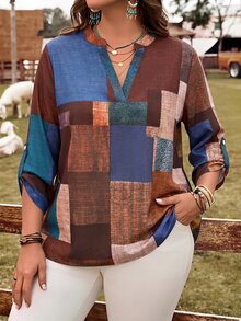 EMERY ROSE Plus Size Women's Colorblock Notch V-Neck Long Sleeve Pocket Loose Shirt Casual Office Going Out Fashion Tops Fall Fashion 2026 - Multicolor - View 4
