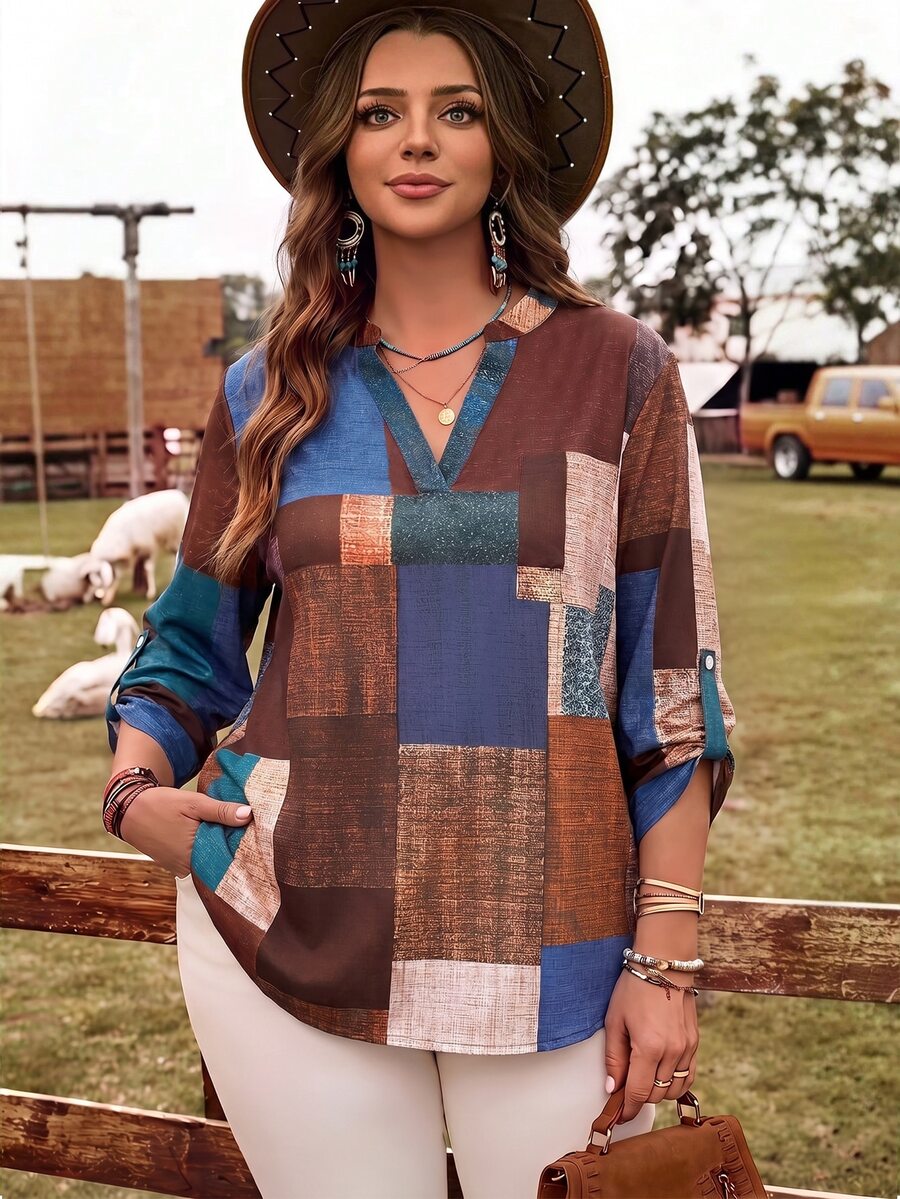 EMERY ROSE Plus Size Women's Colorblock Notch V-Neck Long Sleeve Pocket Loose Shirt Casual Office Going Out Fashion Tops Fall Fashion 2026 - Multicolor - View 1