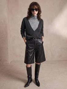 Ontre 2026春夏新款现代都市女式PU材质黑色开衩6英寸阔腿短裤，休闲日常/商务穿着 - 黑色 - 查看 3