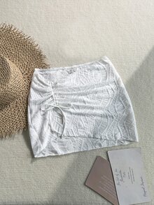 Swim Vcay Solid Color Drawstring Split Hem Cover Up Skirt - White - View 3