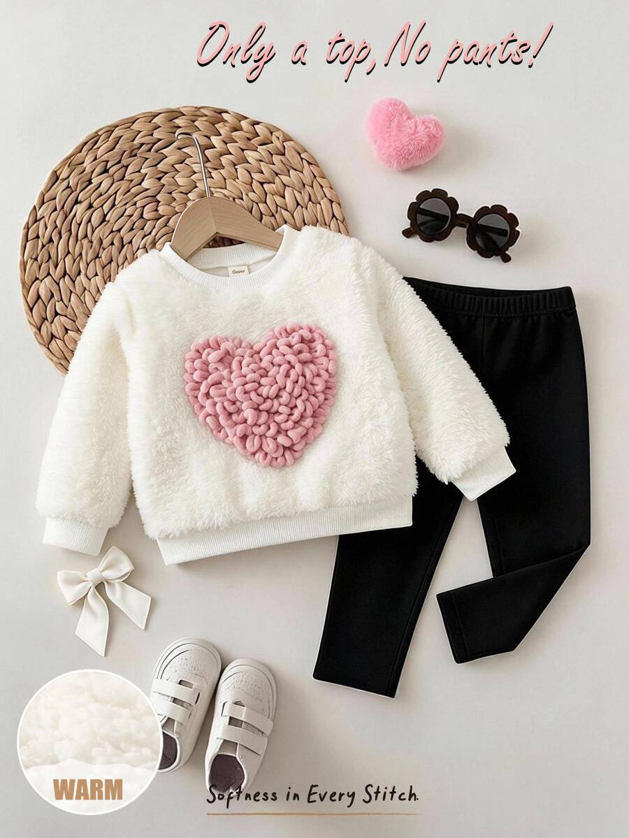 Cozy Pixies Baby Girl 3D Heart Decor Crew Neck Long Sleeve Autumn Winter Sweatshirt - White - View 1