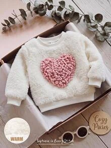 Cozy Pixies Baby Girl 3D Heart Decor Crew Neck Long Sleeve Autumn Winter Sweatshirt - White - View 7