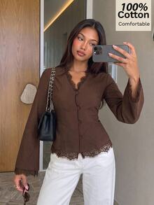 Siren Gaze 女款新款秋季純棉棕色調蕾絲拼接收腰襯衫，適合早午餐、夜晚外出、優雅復古日常約會 - 棕色 - 查看 7