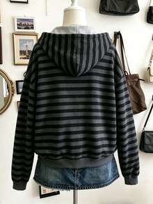 Autumn/Winter , Women Two Tone Striped Zip Up Drawstring Hoodie, Trending Now, Fashion , Streetwear - Multicolor - View 2
