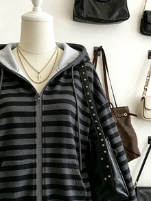 Autumn/Winter , Women Two Tone Striped Zip Up Drawstring Hoodie, Trending Now, Fashion , Streetwear - Multicolor - View 3