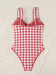SHEIN Swim 女士格子吊带连体泳衣，适合春夏海滩度假 - 紅色 - 查看 2