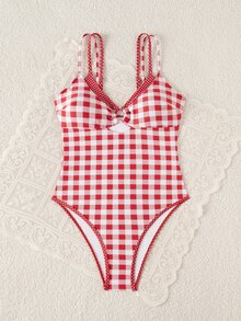 SHEIN Swim 女士格子吊带连体泳衣，适合春夏海滩度假 - 紅色 - 查看 6
