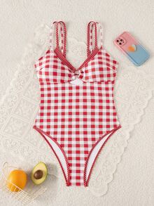 SHEIN Swim 女士格子吊带连体泳衣，适合春夏海滩度假 - 紅色 - 查看 3