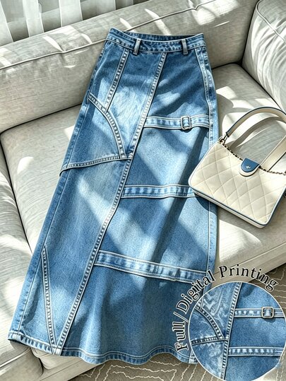 GlowEve CURVE Plus Size Women's Casual Vintage Denim-Look A-Line Long Skirt, Versatile Street Style, Fashionable Long Skirt For Daily Wear, Suitable For Spring, Summer, Autumn, Winter