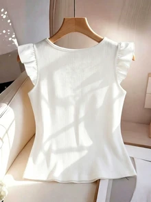 GlowEve Women's Textured Fabric T-Shirt With Flutter Sleeves, Vacation Summer Beach Holiday White Tops - White - View 2