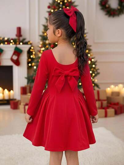 Young Girl Young Girl Red Bow Decor Long Sleeve Square Neck Waist A-Line Dress Sister Outfit Red Homecoming Dress Halloween Fall Style Christmas Winter