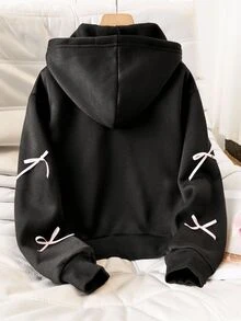 SHEIN Tween Girl Long Sleeve Fleece Lined Solid Color Black Jacket Halloween Autumn Fall Style - Black - View 2