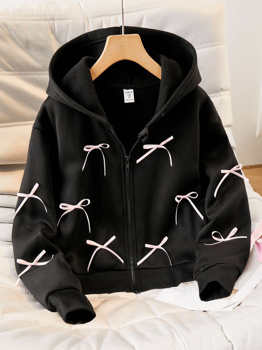 SHEIN Tween Girl Long Sleeve Fleece Lined Solid Color Black Jacket Halloween Autumn Fall Style - Black - View 1