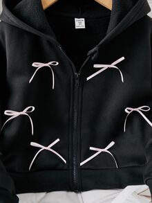 SHEIN Tween Girl Long Sleeve Fleece Lined Solid Color Black Jacket Halloween Autumn Fall Style - Black - View 5