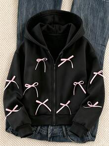 SHEIN Tween Girl Long Sleeve Fleece Lined Solid Color Black Jacket Halloween Autumn Fall Style - Black - View 3