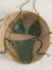 Swim Chiccia Women's Military Green Knit Jacquard Mesh Metal Accessory Strappy Knotted Back Bikini Set, For Beach Music Festival Spring/Summer - Army Green - View 2