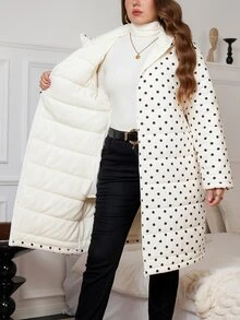 Reflora Plus Size Autumn/Winter Thermal Lined Polka Dot Hooded Padded Coat - White - View 7