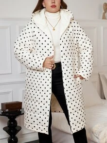Reflora Plus Size Autumn/Winter Thermal Lined Polka Dot Hooded Padded Coat - White - View 1