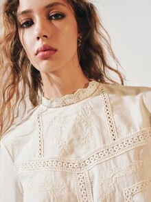 MOTF PREMIUM BOHEMIAN LACE PATCHWORK EMBROIDERED MOCK NECK LOOSE LONG SLEEVE TOP - Apricot - View 8