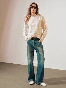MOTF PREMIUM BOHEMIAN LACE PATCHWORK EMBROIDERED MOCK NECK LOOSE LONG SLEEVE TOP - Apricot - View 3