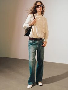 MOTF PREMIUM BOHEMIAN LACE PATCHWORK EMBROIDERED MOCK NECK LOOSE LONG SLEEVE TOP - Apricot - View 5