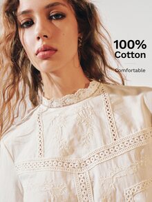 MOTF PREMIUM BOHEMIAN LACE PATCHWORK EMBROIDERED MOCK NECK LOOSE LONG SLEEVE TOP - Apricot - View 1