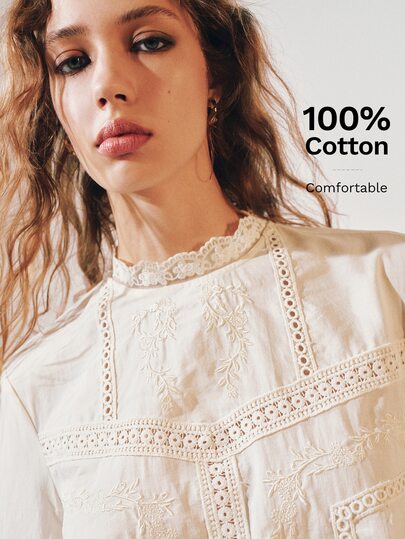 MOTF PREMIUM BOHEMIAN LACE PATCHWORK EMBROIDERED MOCK NECK LOOSE LONG SLEEVE TOP