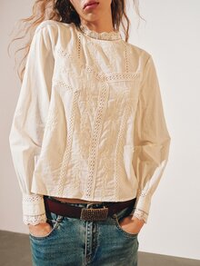 MOTF PREMIUM BOHEMIAN LACE PATCHWORK EMBROIDERED MOCK NECK LOOSE LONG SLEEVE TOP - Apricot - View 6