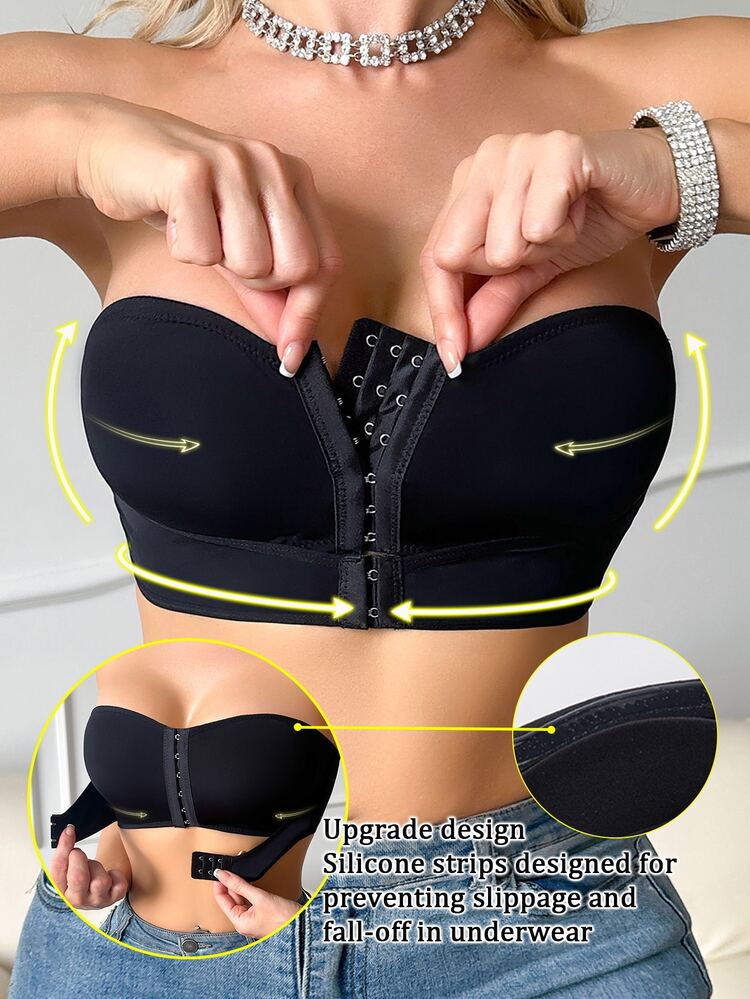 SHEIN Upgraded Double Front Clasp Pushup Padded Bra, Easy To Match Women's Lingerie - Black - View 6