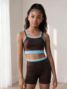 SHEIN Bộ áo crop hở vai và quần short cho bé gái tuổi teen – Đồ thể thao thường ngày thời trang, phù hợp chạy bộ ngoài trời và tập luyện đường dài - Cà phê nâu - Xem 3