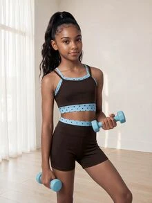 SHEIN Bộ áo crop hở vai và quần short cho bé gái tuổi teen – Đồ thể thao thường ngày thời trang, phù hợp chạy bộ ngoài trời và tập luyện đường dài - Cà phê nâu - Xem 7
