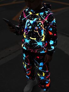 SHEIN 2件組兒童青少年男孩休閒簡約卡通遊戲機圖案寬鬆長袖連帽衛衣套裝，適合秋冬 - 黑色 - 查看 2