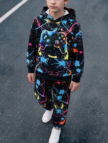 SHEIN 2件組兒童青少年男孩休閒簡約卡通遊戲機圖案寬鬆長袖連帽衛衣套裝，適合秋冬 - 黑色 - 查看 3