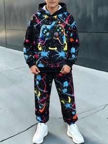 SHEIN 2件組兒童青少年男孩休閒簡約卡通遊戲機圖案寬鬆長袖連帽衛衣套裝，適合秋冬 - 黑色 - 查看 4