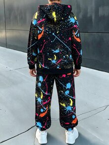 SHEIN 2件組兒童青少年男孩休閒簡約卡通遊戲機圖案寬鬆長袖連帽衛衣套裝，適合秋冬 - 黑色 - 查看 5
