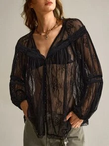 SHEIN Women's Minimalist Solid Color Lace Patchwork Top - Black - View 5