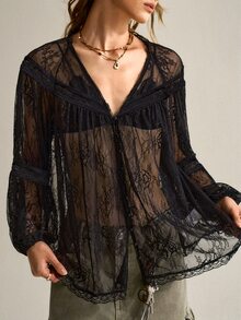 SHEIN Women's Minimalist Solid Color Lace Patchwork Top - Black - View 4
