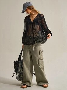 SHEIN Women's Minimalist Solid Color Lace Patchwork Top - Black - View 3