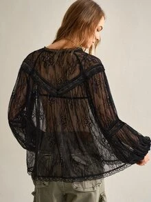 SHEIN Women's Minimalist Solid Color Lace Patchwork Top - Black - View 2